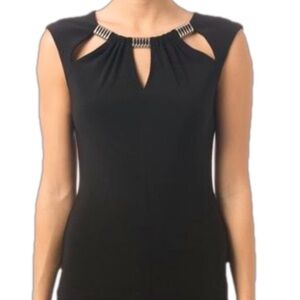 Joseph Ribkoff Sz 6 Black Blouse With Gold Tone Chain And Bow Neckline